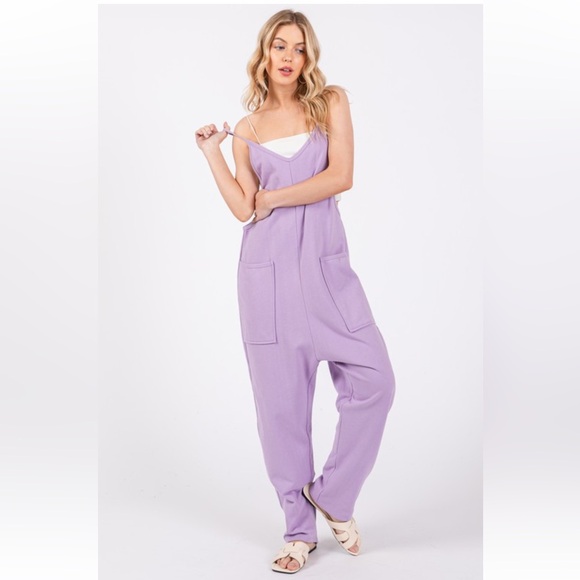 17 French Terry Jumpsuit Solid Harem Sleeveless V-neck - Picture 2 of 8